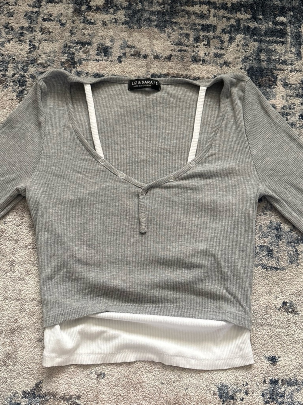 Liz & Sara Gray Ribbed Henley Layered Top with White Trim